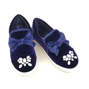 BADGLEY MISCHKA Blue Velvet Sneakers Slip On Rhinestone Delight Bow Girls Size 1